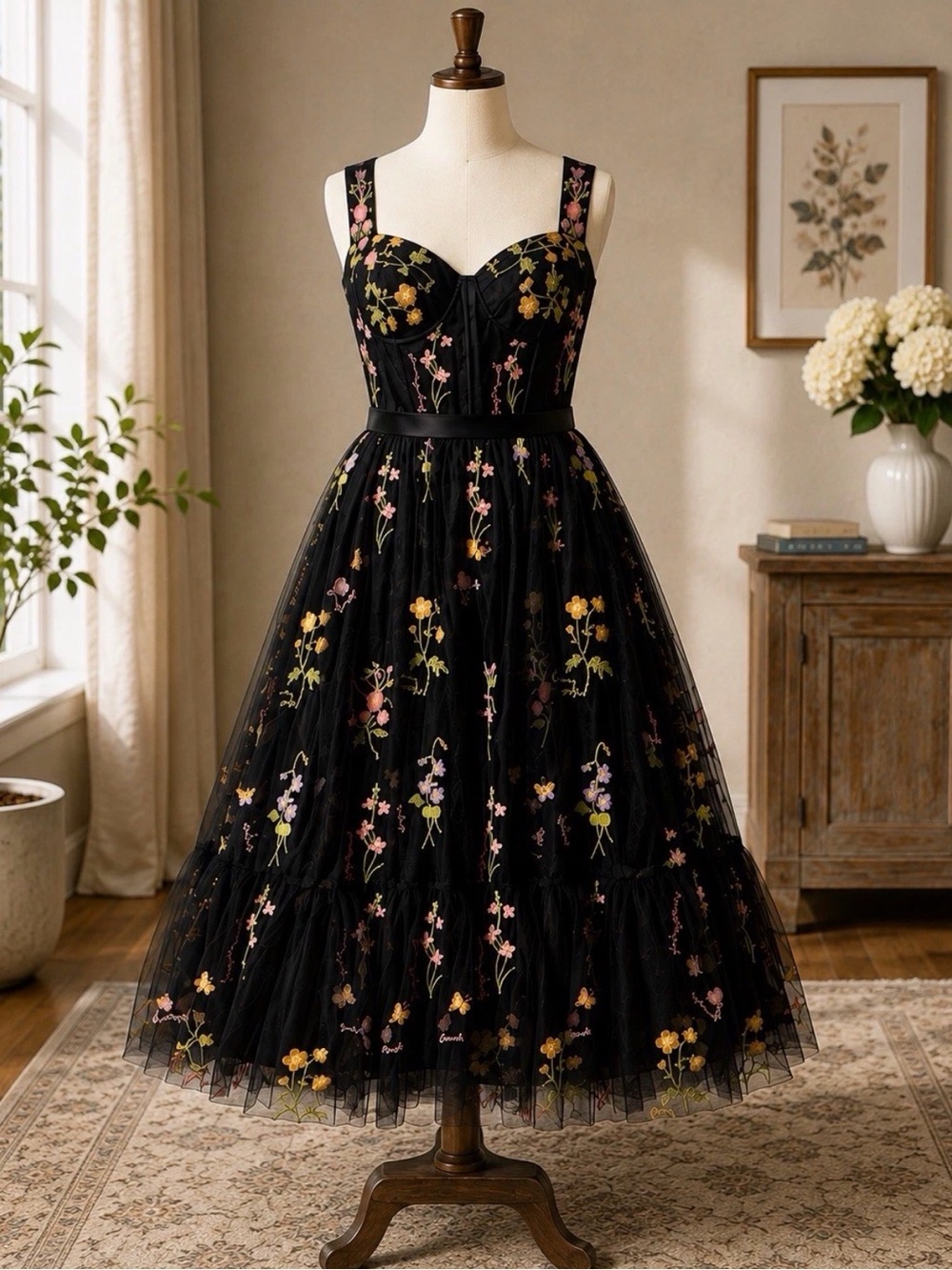 Black Floral Embroidered Midi Dress with Sweetheart Bodice